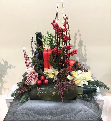Picture of Christmas Arrangement with 2 Wine Bottles