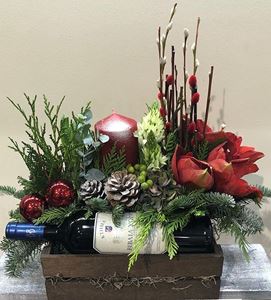 Picture of Christmas Arrangement with a bottle of wine
